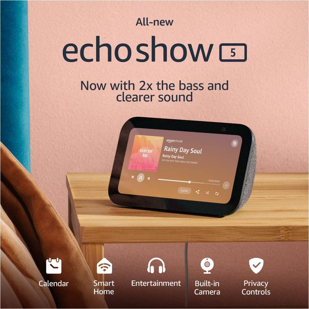 All-new Echo Show 5 (3rd Gen, 2023 release) | Smart display with 2x the bass and clearer sound | Charcoal