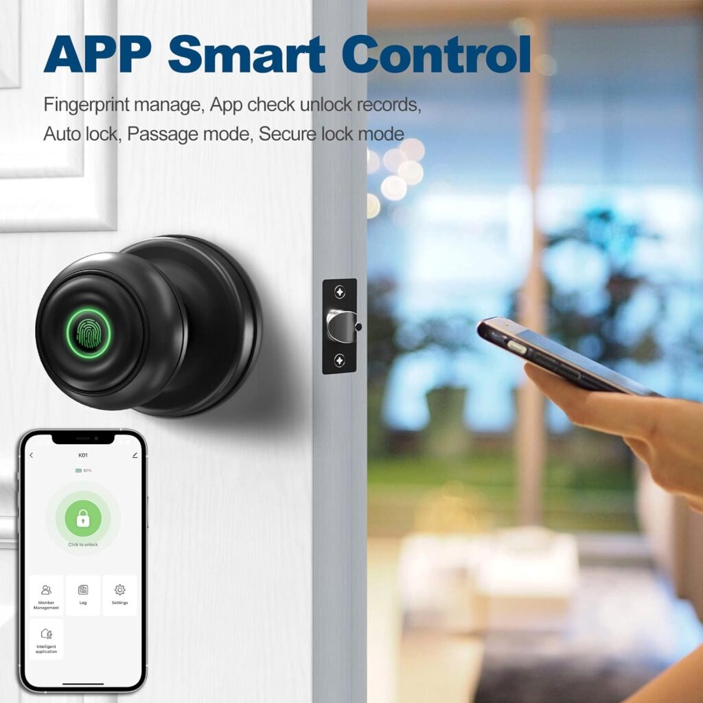 GeekTale Smart Door knob, Fingerprint Smart Lock Biometric Door knob with App Control, Great for Bedrooms,Cloakroom,Apartments Offices,Hotels Matte Black