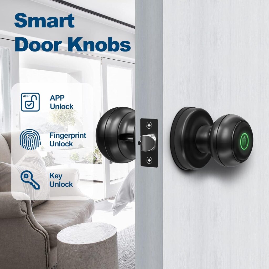 GeekTale Smart Door knob, Fingerprint Smart Lock Biometric Door knob with App Control, Great for Bedrooms,Cloakroom,Apartments Offices,Hotels Matte Black