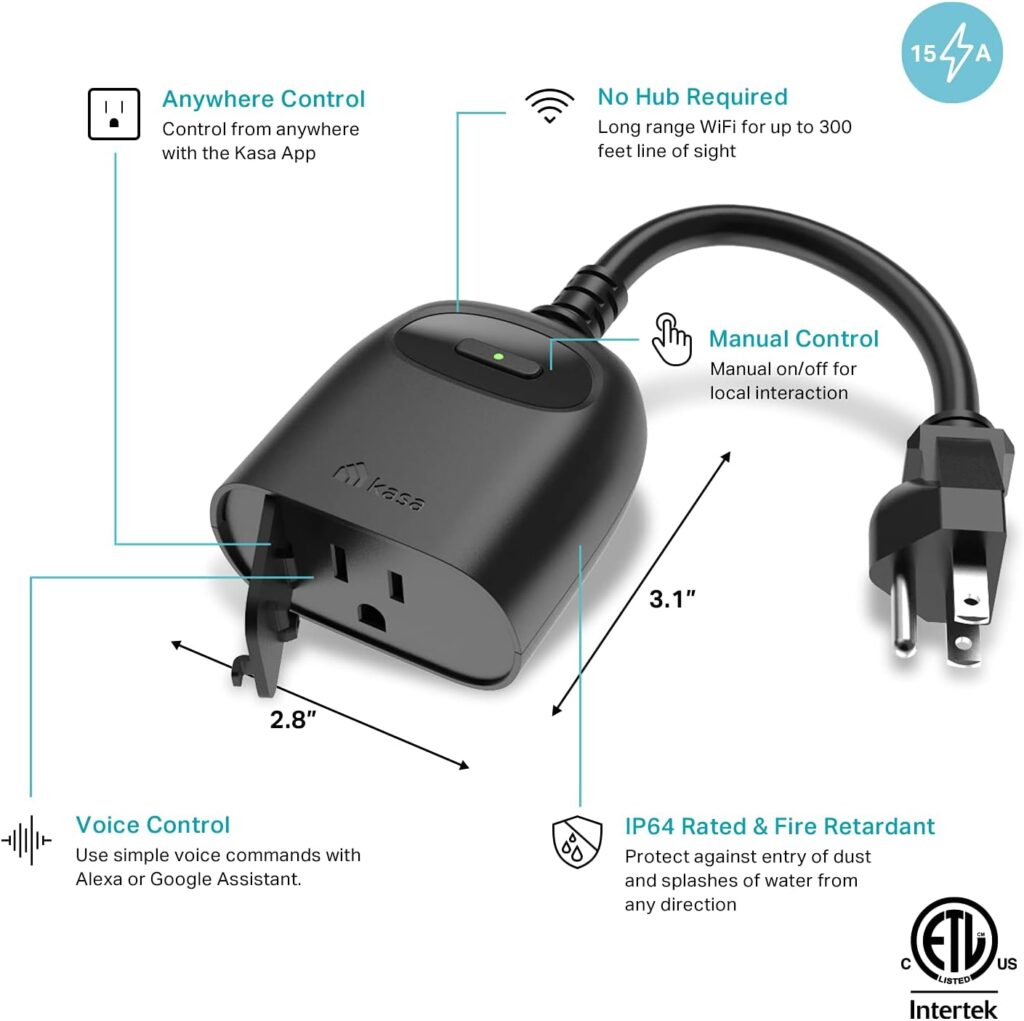 Kasa Outdoor Smart Plug, Smart Home Wi-Fi Outlet Timer, Max Load 15A/1875W, IP64 Weather Resistance, Compatible with Alexa, Google Home  SmartThings, No Hub Required, ETL Certified(KP401)