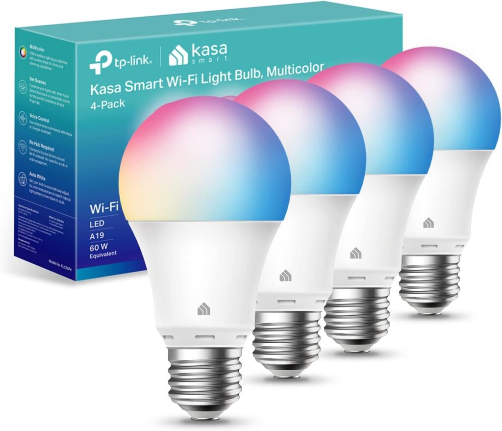 Kasa Smart Light Bulbs, Full Color Changing Dimmable WiFi Bulbs Compatible with Alexa and Google Home, A19, 9W 800 Lumens,2.4Ghz only, No Hub Required, 4 Count (Pack of 1), Multicolor (KL125P4)