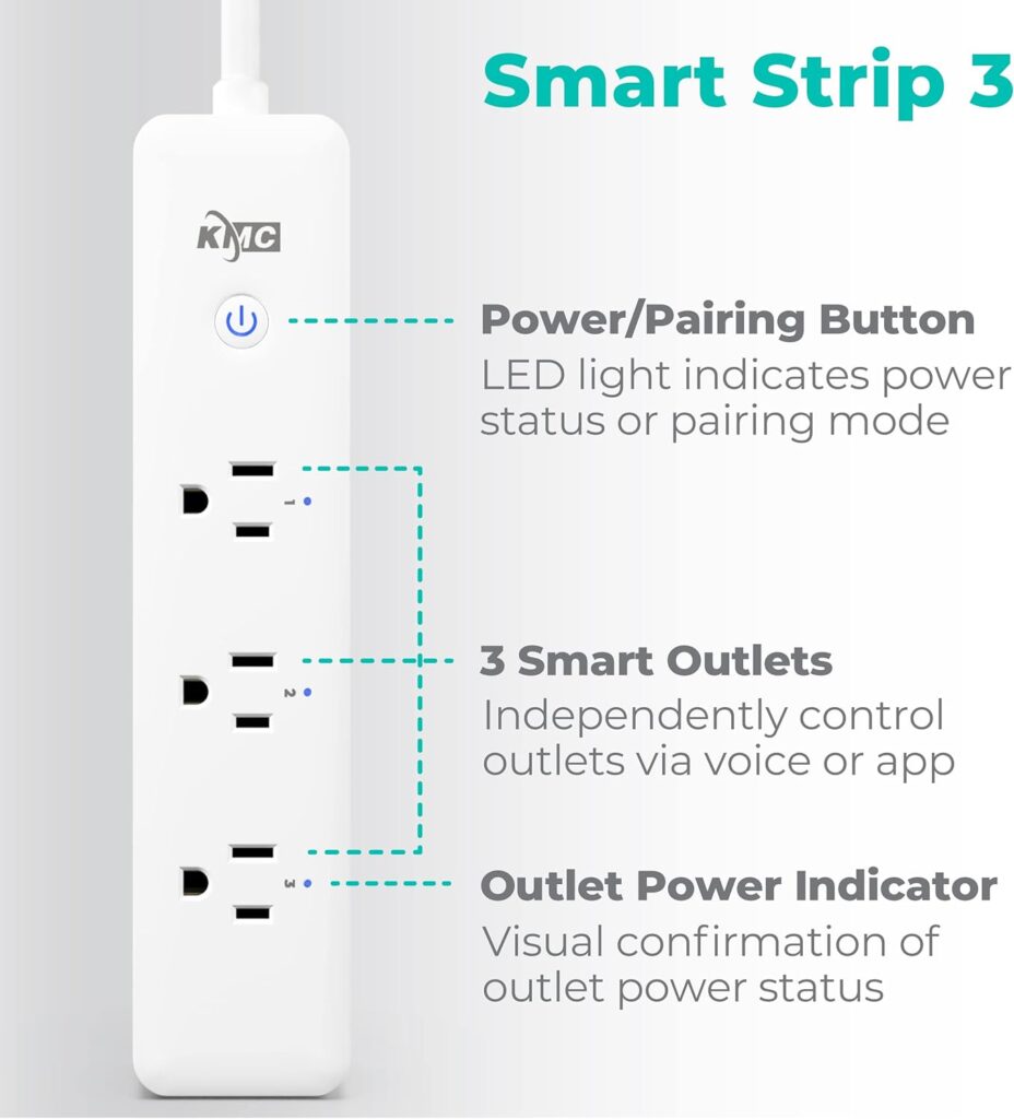 KMC 3-Outlet Smart Plug Power Strip, Surge Protector for Smart Home, Remote Control Lights and Devices, No Hub Required, ETL Certified, Compatible with Alexa and Google Home, 4ft Extension Cord, White