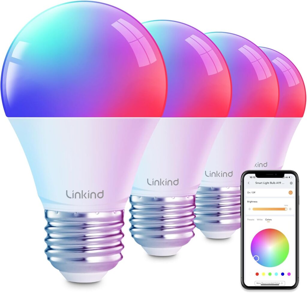 Linkind Smart Light Bulbs, Smart Bulb That Work with Alexa  Google Home, LED Light Bulbs Color Changing, Dynamic Preset Scenes, A19 E26 2.4Ghz RGBTW WiFi Light Bulbs Dimmable 60W, 800 Lumen, 4 Pack