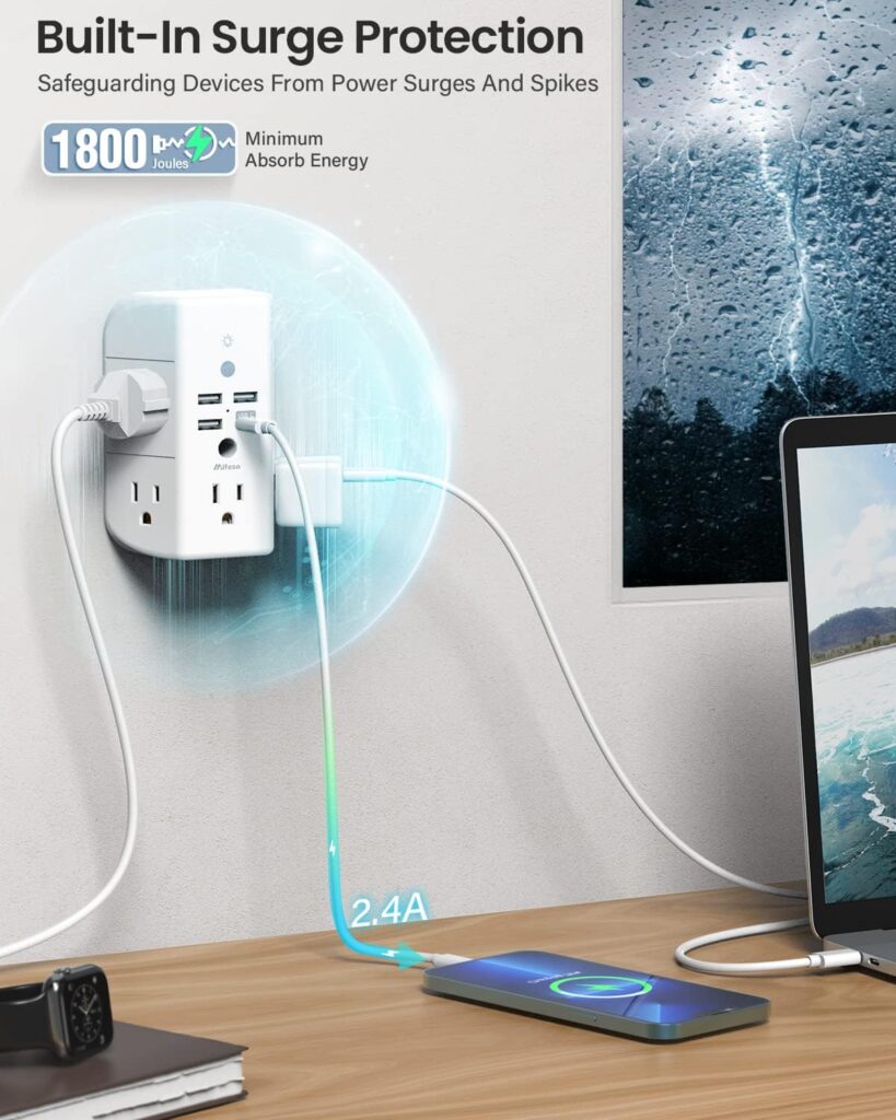 Mifaso Wall Outlet Extender with Shelf and Night Light,Surge Protector, Charger 5 USB Outlets 3 Ports 1 C Wide Space 3-Sided Power Strip Multi Plug Outlets…