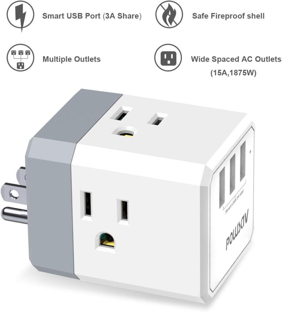 Multi Plug Outlet, Outlet expanders, POWSAV USB Wall Charger with 3 USB Ports(Smart 3.0A Total) and 3-Outlet Extender with 3 Way Splitter, No Surge Protector for Cruise Ship, Home, Office, ETL Listed