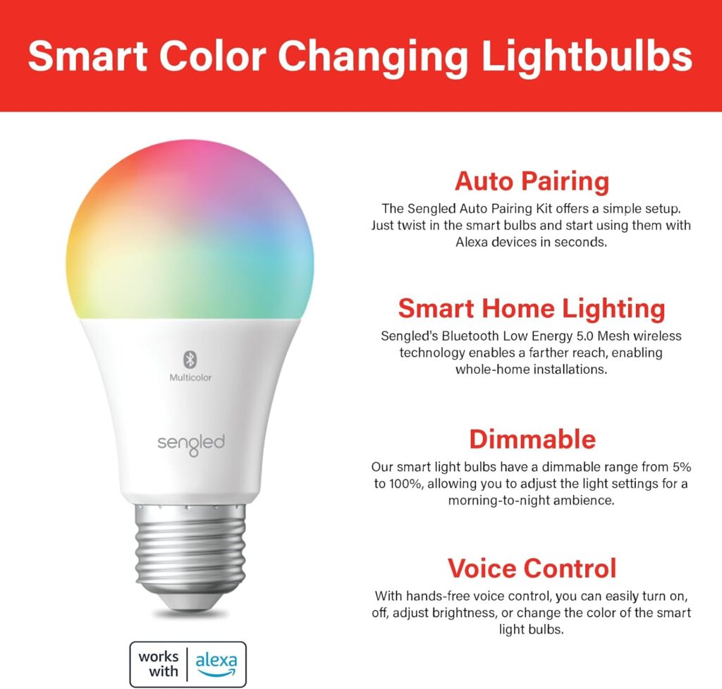 Sengled Alexa Light Bulb, S1 Auto Pairing with Alexa Devices, Color Changing Light Bulb, Smart Light Bulbs That Work with Alexa, Bluetooth Mesh Smart Home Lighting, E26 60W Equivalent, 800LM, 6-Pack