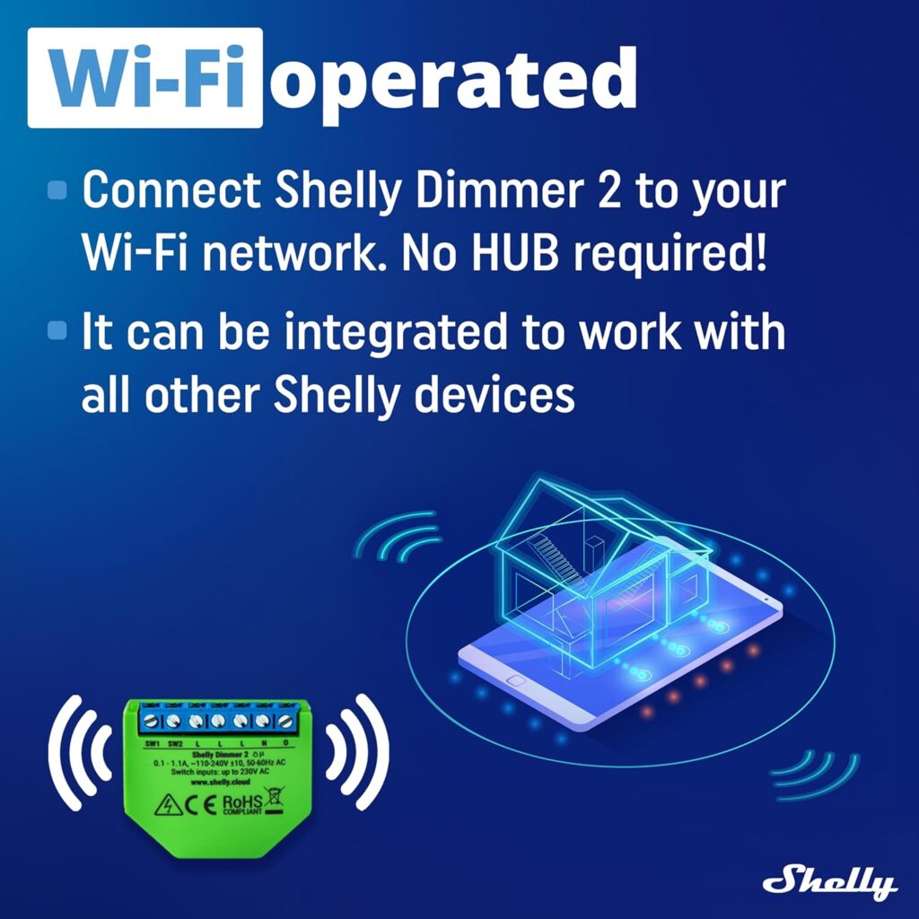 Shelly Dimmer 2 | WiFi Smart Dimmer Switch | No Neutral Wire Required | Home Automation | Compatible with Alexa  Google Home | iOS Android App| No Hub Required | Wireless Switch| Dimmable Lights